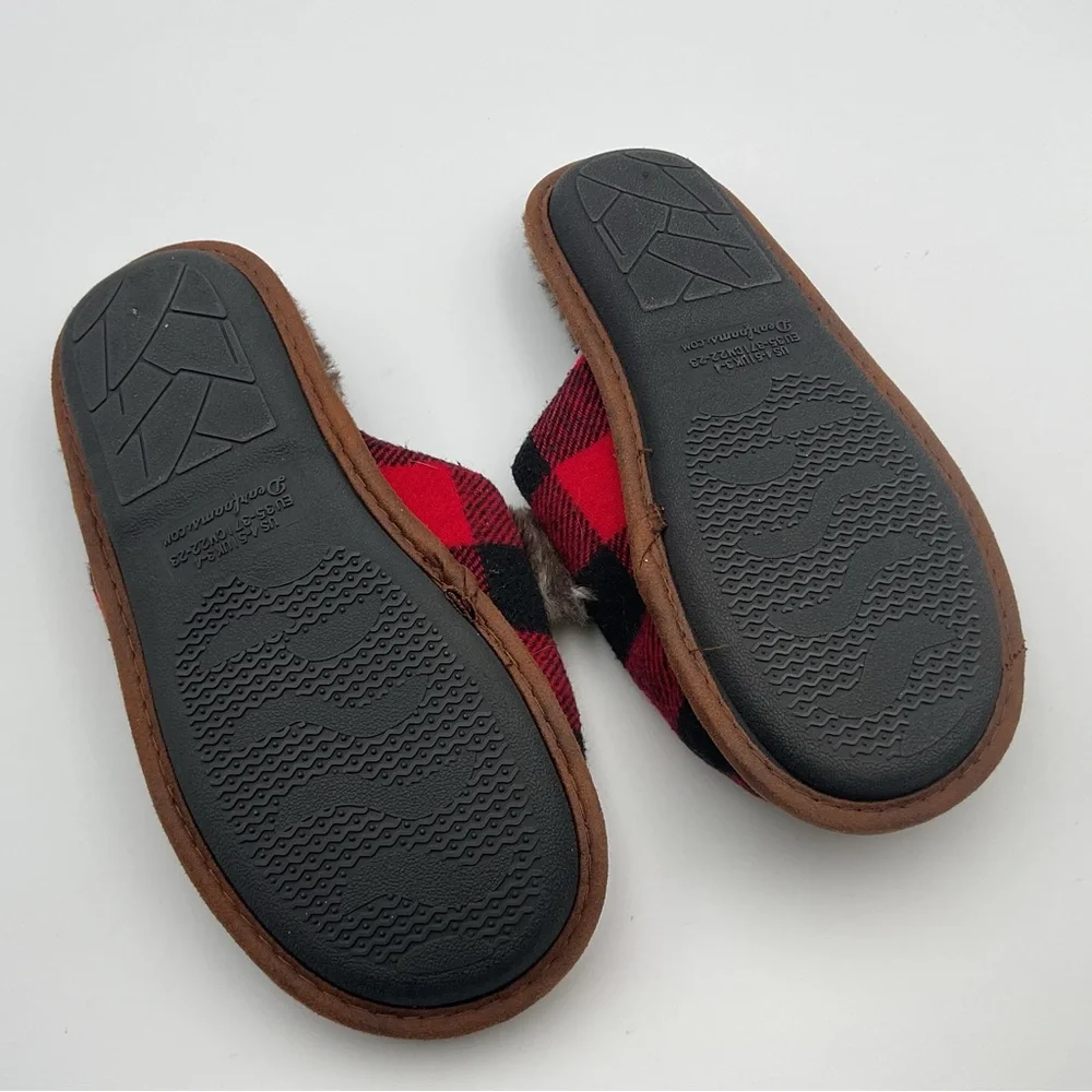 Dear Foams Slippers Youth 4-5 Womens 5.5 Buffalo Check Lil Bear Mule Flats Red